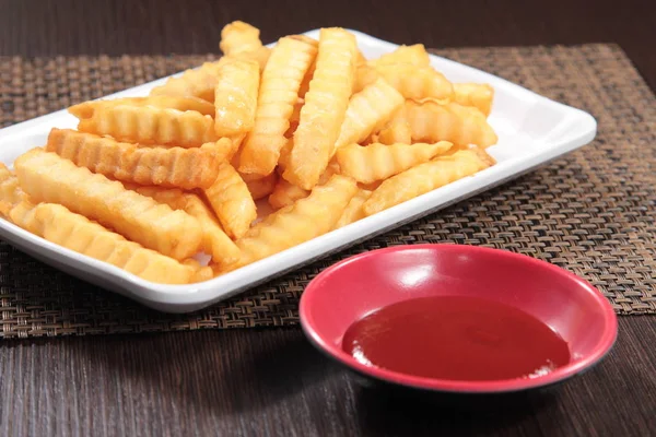 Tasty French Fries Ketchup Background — Stok fotoğraf