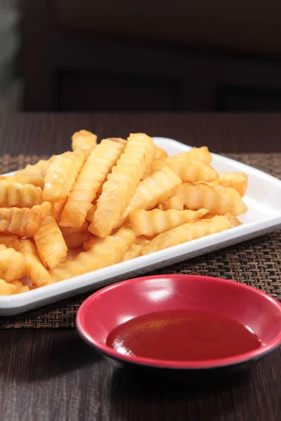 Tasty French Fries Ketchup Background — Stockfoto