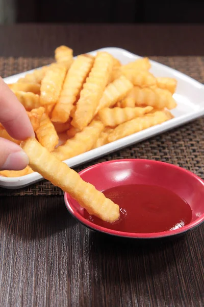 Tasty French Fries Ketchup Background — Stockfoto