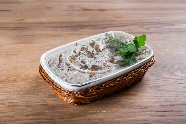 Homemade jelly meat with mustard and horseradish on the table. Holodets — Stock Photo, Image