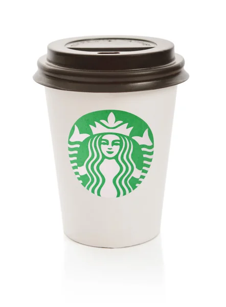 Λευκό χαρτί Κύπελλο με το λογότυπο της Starbucks — Φωτογραφία Αρχείου
