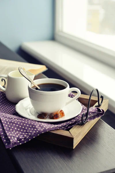 Cup of coffee on vintage tray — Stock Photo, Image