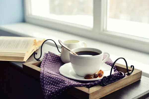 Cup of coffee on vintage tray — Stock Photo, Image