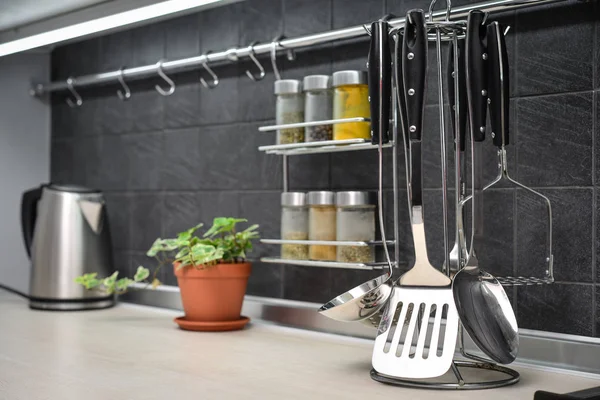 Kitchen utensils on work top — Stock Photo, Image