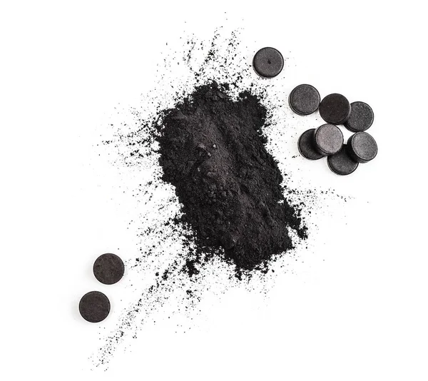 Activated Charcoal Powder Pills Isolated White Background — Stock Photo, Image