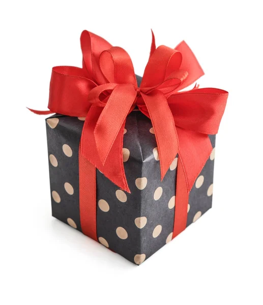 Polka Dot Gift Box Red Ribbon Isolated White Background Clipping — Stock Photo, Image