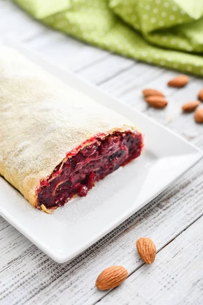 Cherry Strudel Almond Powdered Sugar Wooden Background — Stock Photo, Image