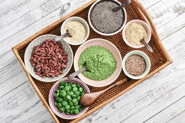 Different Super Foods Bowls Rattan Tray Top View — Stock Photo, Image