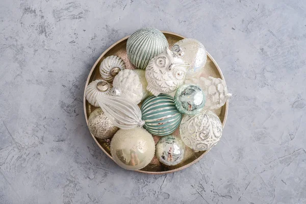 Christmas decorations on golden round tray — Stock Photo, Image