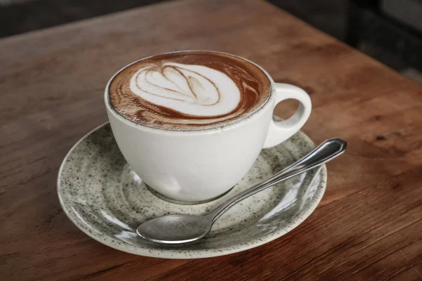 Una Tazza Caffè Con Caffellatte Sul Tavolo Legno Vista Dall — Foto Stock