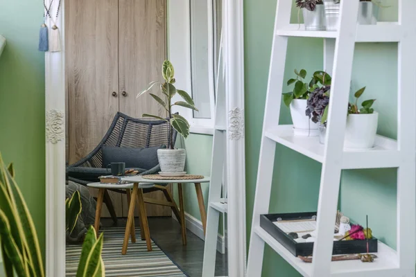 Interior Cozy Balcony Green Walls Sitting Area Rug Armchair Two — Stock Photo, Image