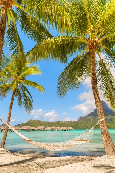 Rede vazia entre palmeiras na praia tropical de Bora Bora — Fotografia de Stock