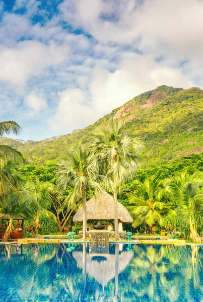 Hermosa piscina un complejo tropical, composición vertical — Foto de Stock