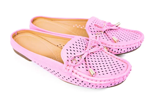 Whi の孤立した小さなリボン靴女性ピンク フラッツ スリッポン — ストック写真