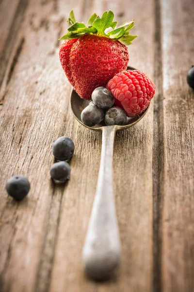Single strawberry and some blueberries in old vintage spoon on w — Stock Photo, Image