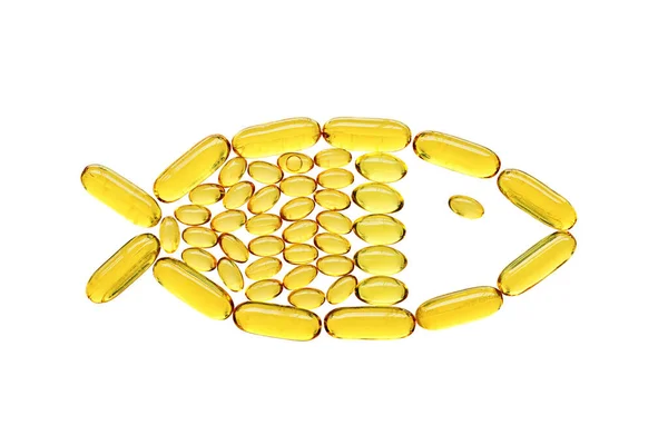 Capsule Mediche Gialle Trasparenti Forma Pesce Isolate Fondo Bianco Vista — Foto Stock