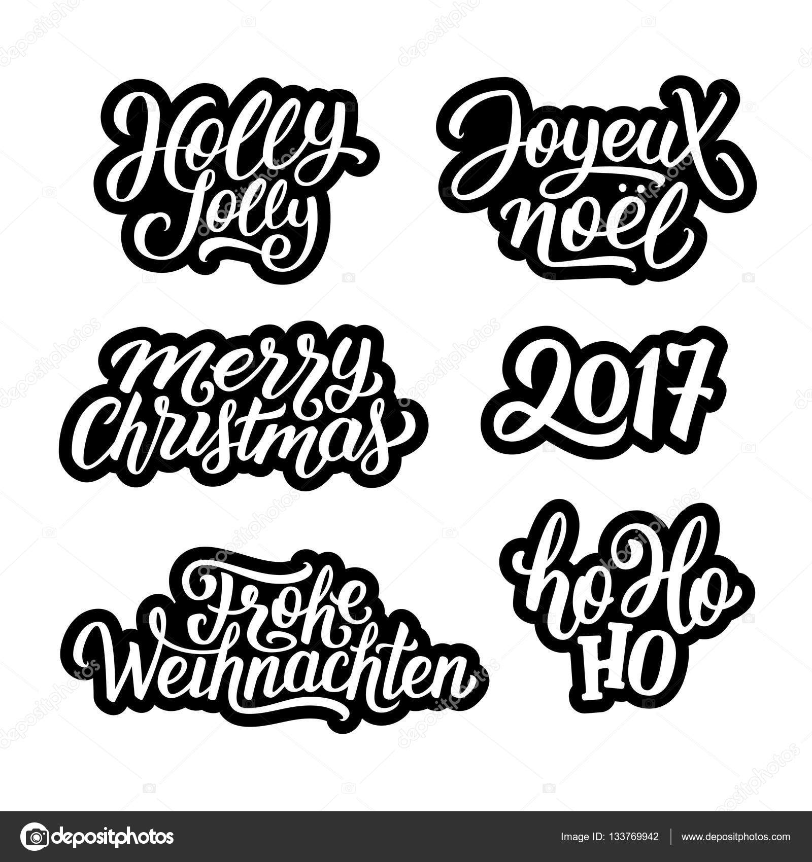 Merry Christmas wektor etykiety ustawiÄ‡ tekst pozdrowienia francuski i niemiecki Holly jolly Ho ho ho i 2017 strony napis na naklejki czarno biaÅ‚a
