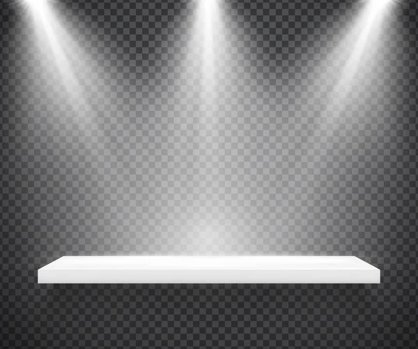 Empty white shelf illuminated by three spotlights — Stock Vector