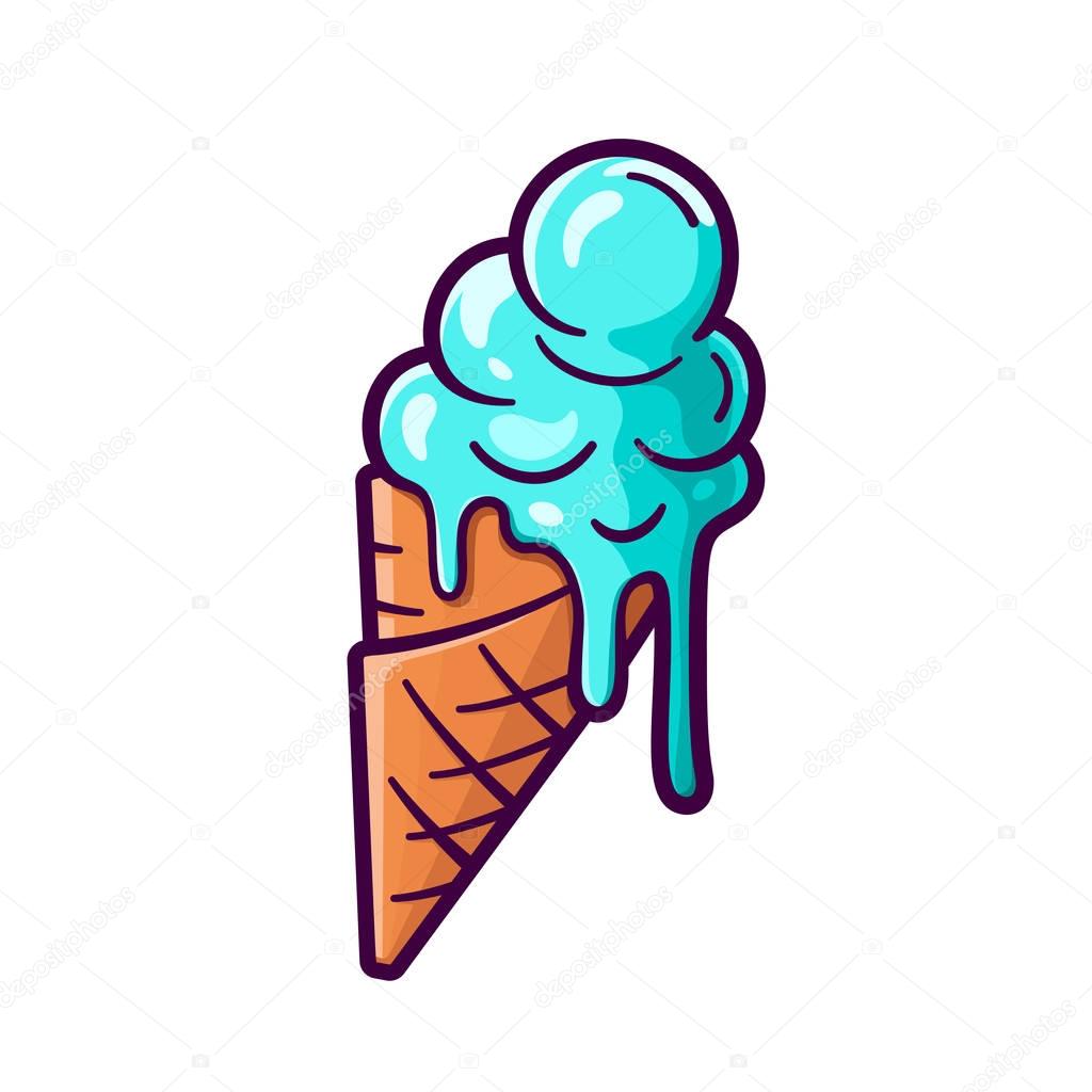 Vector cartoon melting ice cream balls in the cone