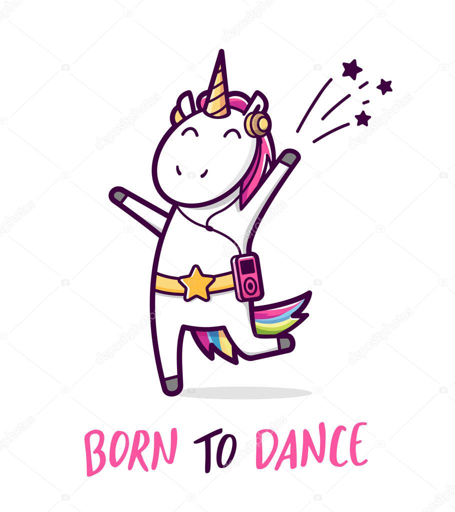 Cute dancing unicorn. Vector cartoon illustration