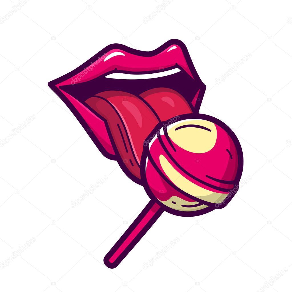 Sexy red female lips and tongue with shiny lollipop isolated on white background. Woman licking round sugar candy on stick. Vector illustration in cartoon comic style for t shirt design