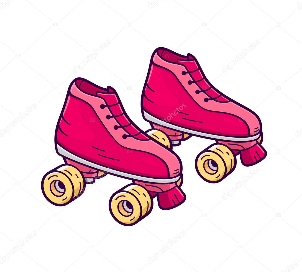 Retro quad roller skates icon isolated on white background. Pink and yellow color girl rollers in flat cartoon style for t-shirt or logo design