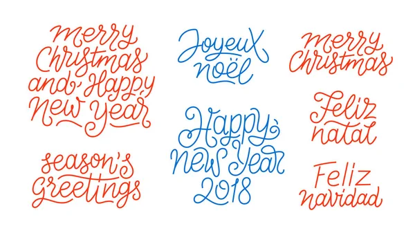 Feliz Natal e Feliz Ano Novo texto de arte linha — Vetor de Stock