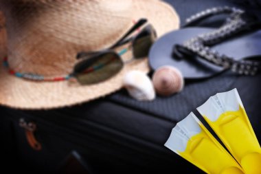 terlik, güneş gözlüğü, şapka ve arka plan üzerinde midye bavula