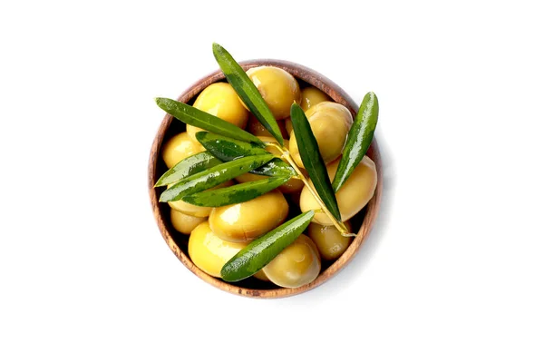 Green Olives Leaves Wooden Bowl — Stock Photo, Image