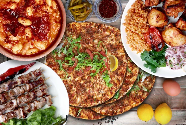 Lamb, dry bean, chicken shish and Lahmacun — Stock Photo, Image
