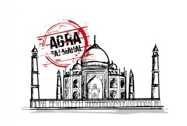 Taj Mahal. Agra, Hindistan şehir tasarım. Elle çizilmiş illüstrasyon.