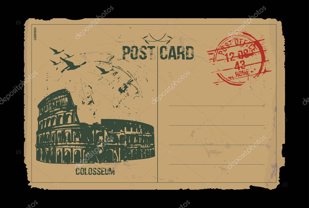 Rome, Colosseum. Italy. Post card design. Hand drawn illustration