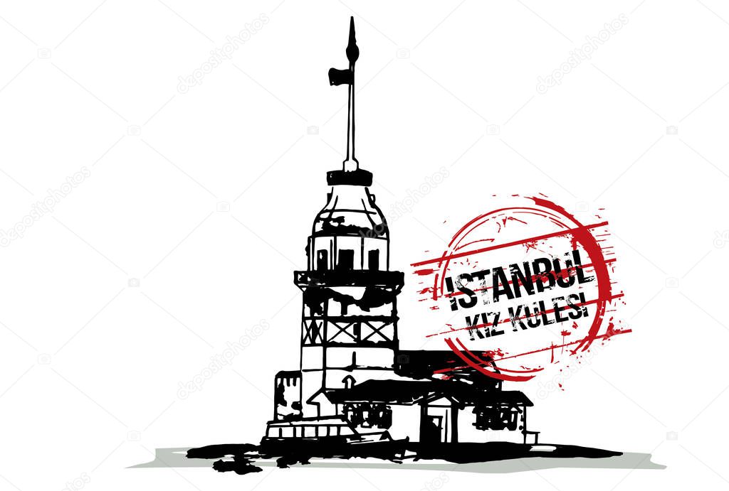 The Maiden's Tower (Kiz Kulesi), istanbul/Turkey city design. Hand drawn illustration.