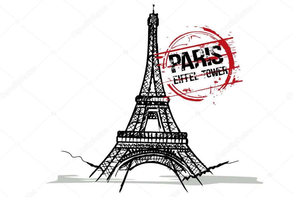 Eiffel Tower. Paris, France city design. Hand drawn illustration.