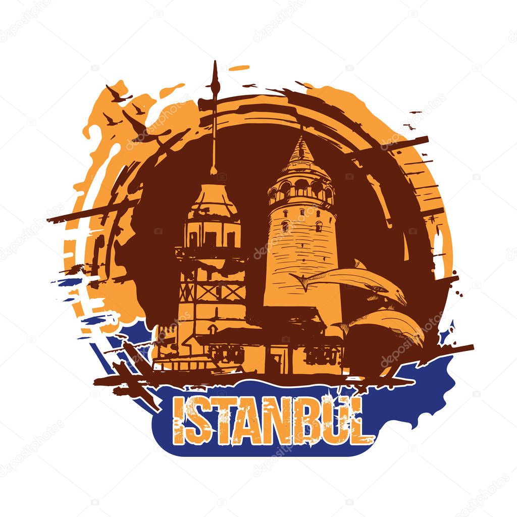 The Maiden's Tower (Kiz Kulesi) and Galata Tower. Istanbul, Turkey city design. Hand drawn illustration.