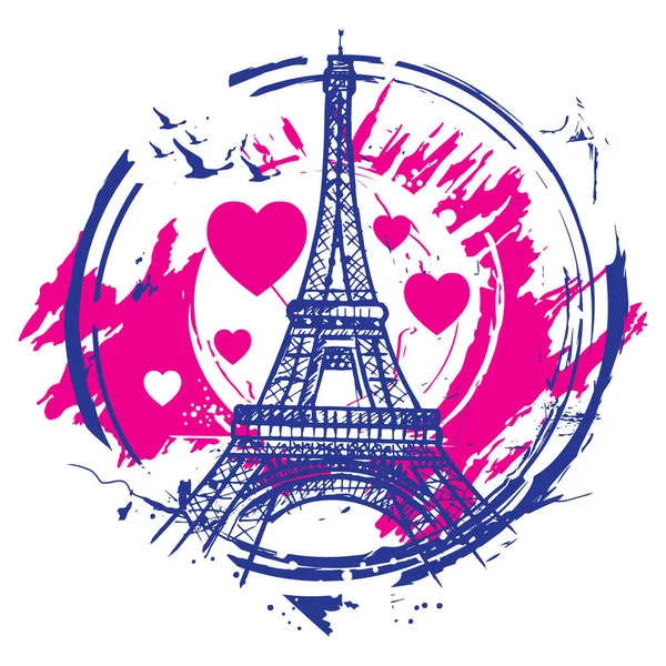 Paris Fransk Design Med Kärlek Hjärtan Och Eiffeltornet Handritad Illustration — Stock vektor