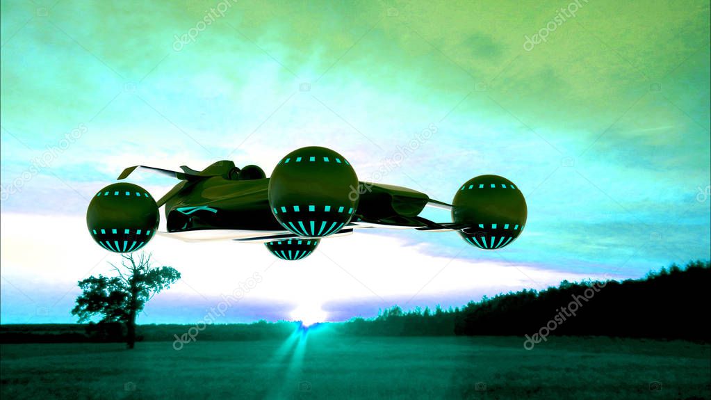 3D illustration of a flying transport