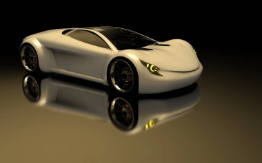 3D çizimler. Olası beyaz spor araba yansıması ile siyah arka plan üzerine izole kavramı.