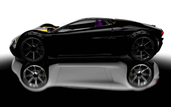 Illustraties Mogelijke Sportwagen Concept Geïsoleerd Zwarte Witte Achtergrond Met Reflectie — Stockfoto