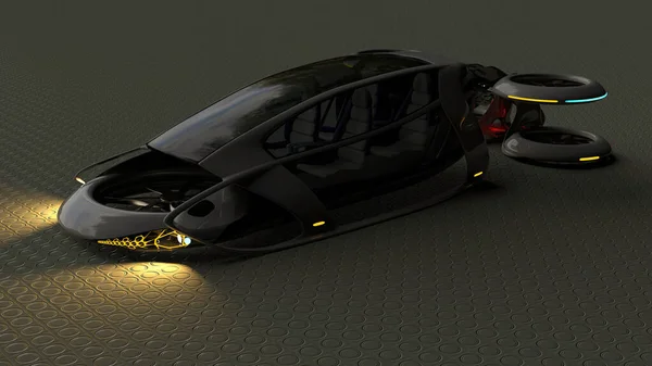 Üç boyutlu bir çizim. Uçan araba kavramı mümkündür. Yan görünüş. Gri bir arkaplanda izole edilmiş