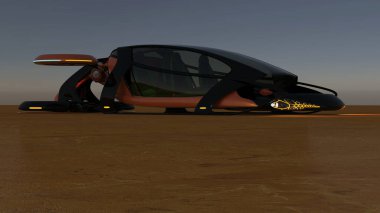 Üç boyutlu bir çizim. Geleceğin uçan nakliyesi. Olası bir uçan araba konsepti. Yan görünüş. Alacakaranlıkta siyah turuncu bir nakliye aracı yerde duruyor. Üç boyutlu bir illüstrasyon..