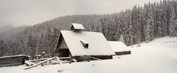 Paisaje panorámico de invierno severo con cabaña de madera cubierta de nieve — Foto de Stock