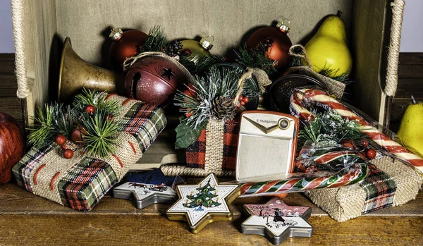 Old Wooden Box Filled Christmas Presents Decorations Candy Canes Vintage — Stock Photo, Image