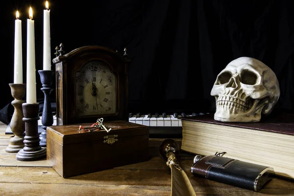 Still Life Representing End Life Human Skull Clock Burning Candles Stock Picture