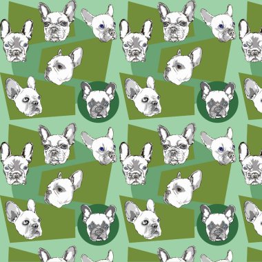 Seamless pattern with French bulldog on a greenish background clipart