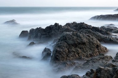 Cliff, kayalar ve taşlar sisli Okyanusu. Kıyı şeridi. 