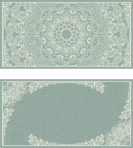 Set bruiloft uitnodigingen of wenskaarten met bloemen mandala in groen en beige. — Stockvector