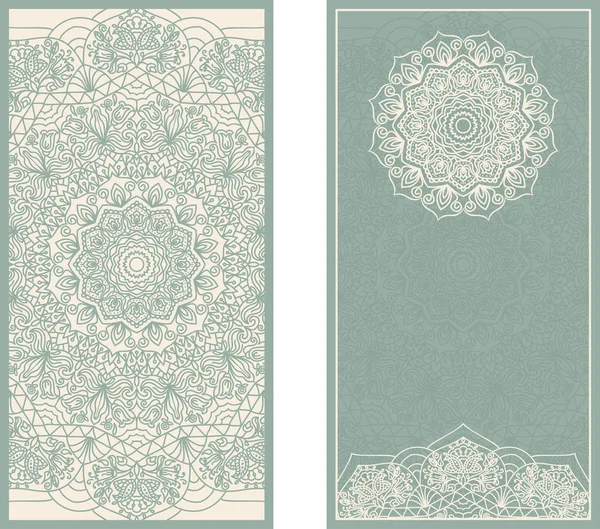 Set of wedding invitations or greeting cards with floral mandala in green and beige. — Stock Vector