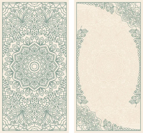 Set of wedding invitations or greeting cards with floral mandala in green and beige. — Stock Vector