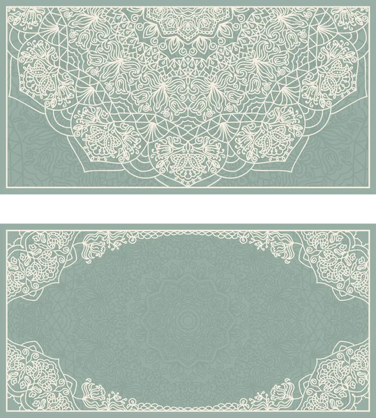 Set of wedding invitations or greeting cards with floral mandala in green and beige. Vector Graphics